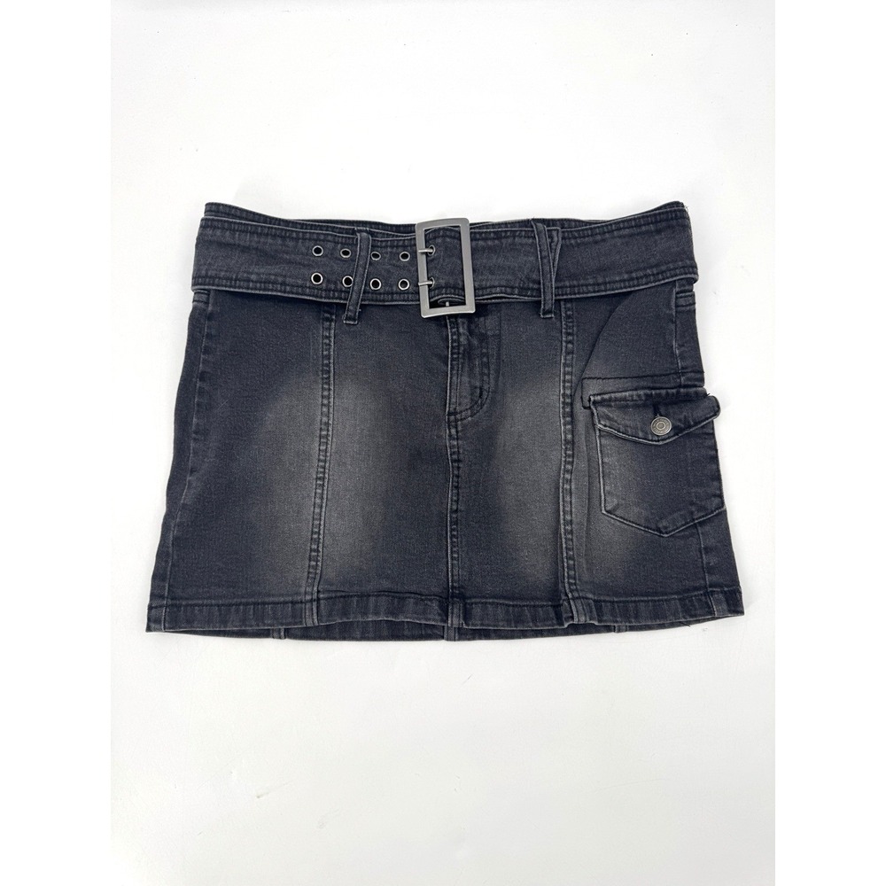 Y2K Wild Fable Black Denim Mini Skirt 10 Stretch Belted Fairy Grunge Goth Girl